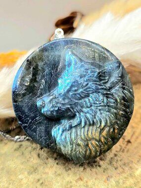 Nature Labradorite wolf and moon pendant necklace
